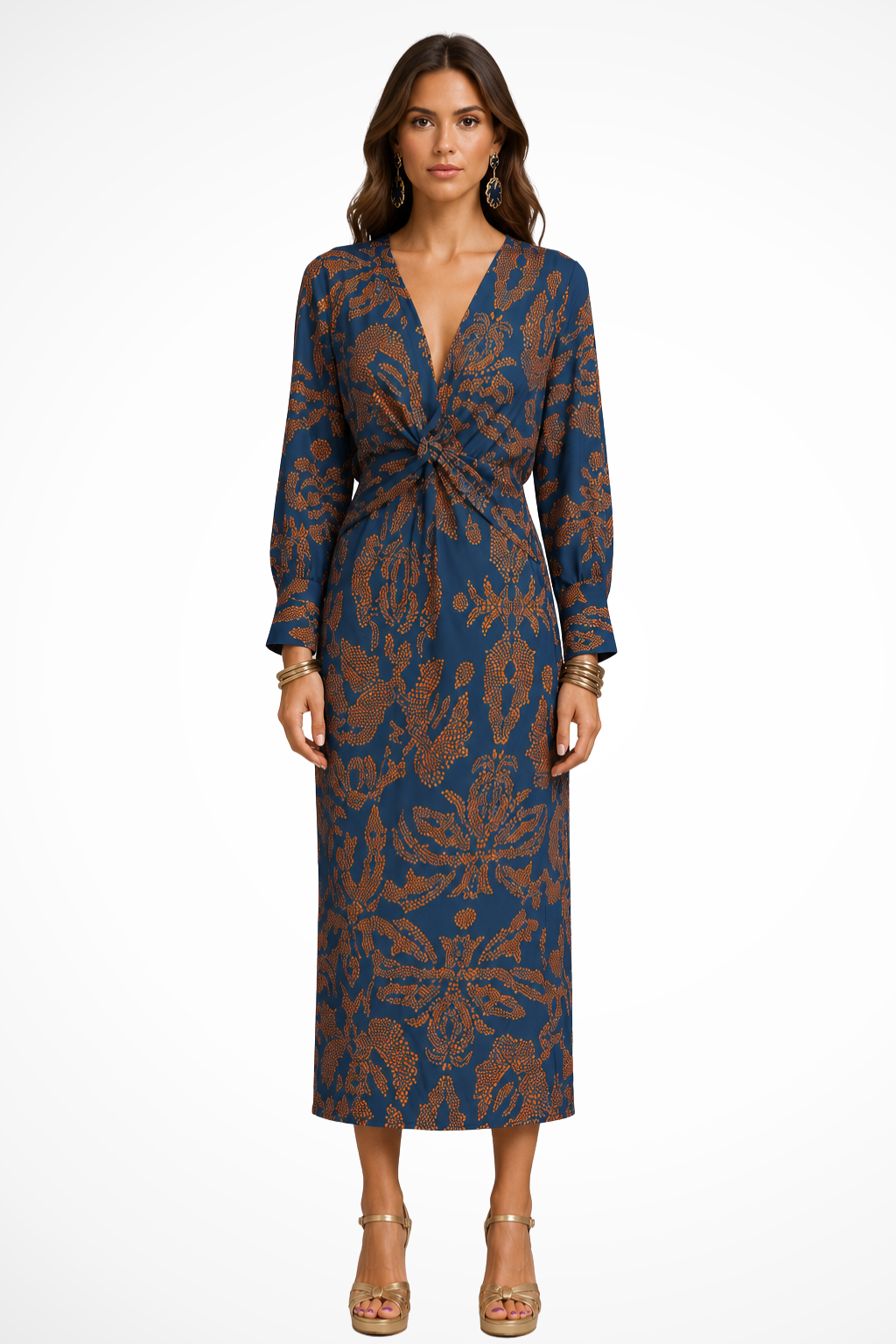 Valeriana — Elegant Printed Midi Dress With Flattering V-Neck Long Sleeve Design