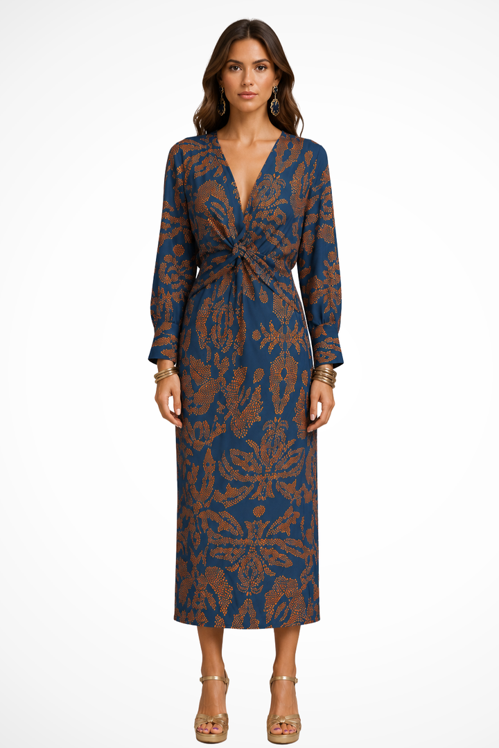 Valeriana — Elegant Printed Midi Dress With Flattering V-Neck Long Sleeve Design