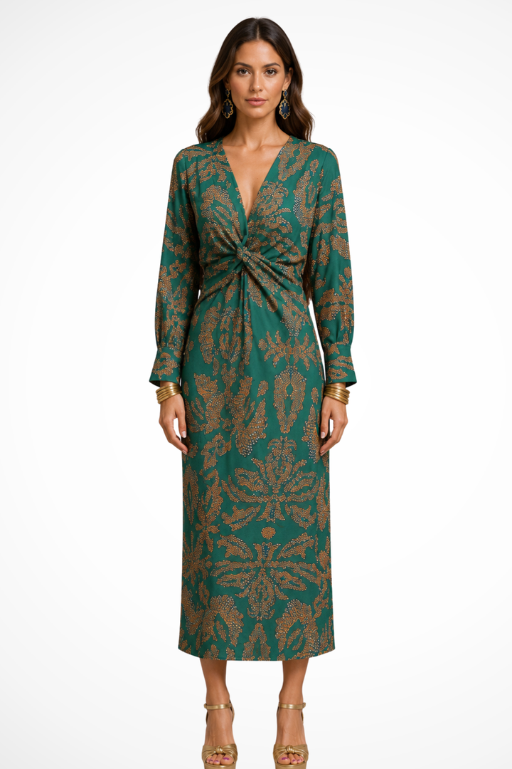 Valeriana — Elegant Printed Midi Dress With Flattering V-Neck Long Sleeve Design