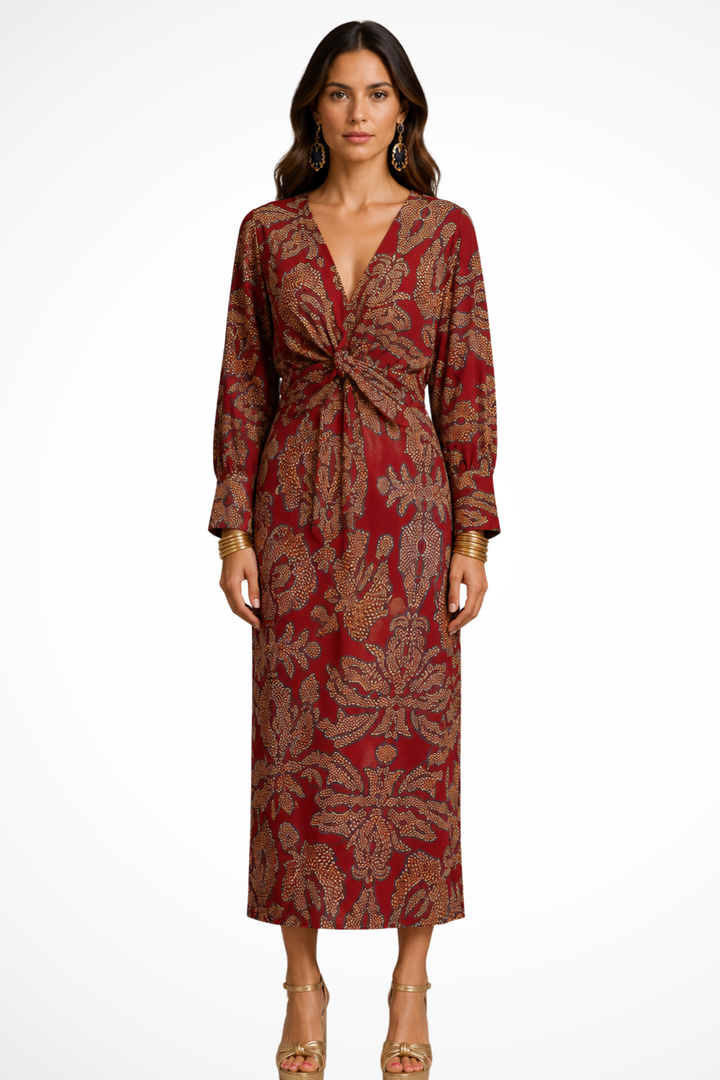 Valeriana — Elegant Printed Midi Dress With Flattering V-Neck Long Sleeve Design