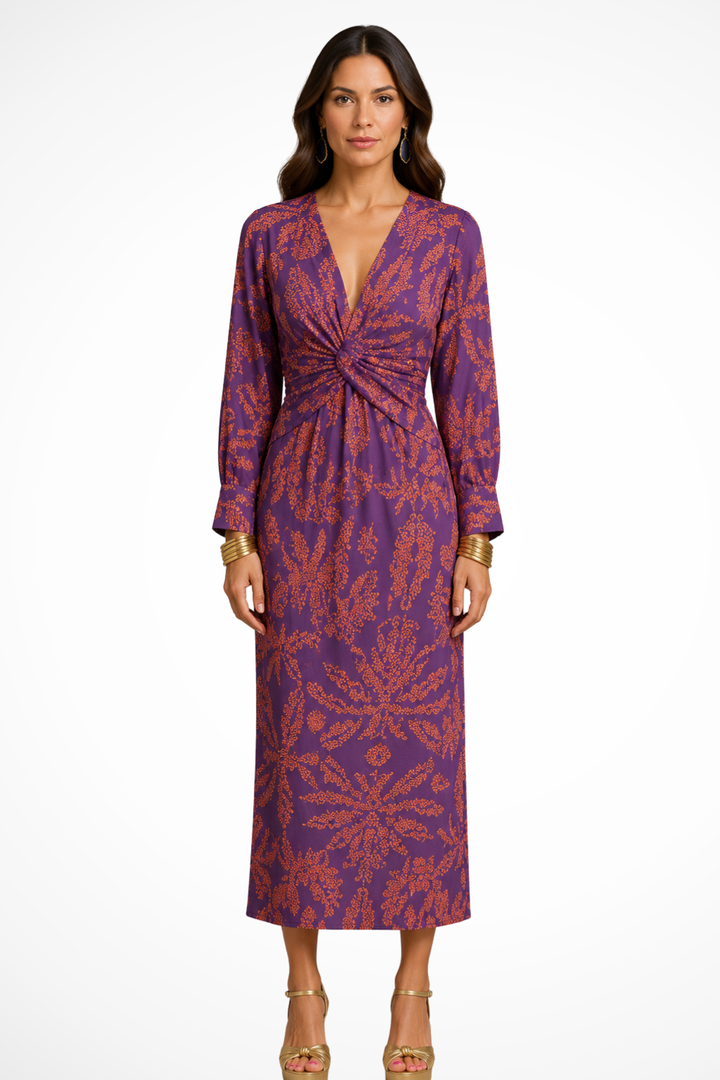 Valeriana — Elegant Printed Midi Dress With Flattering V-Neck Long Sleeve Design
