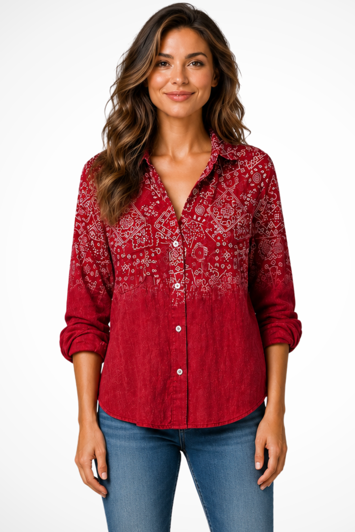 Belladonna — Lightweight Bohemian Print Blouse With Relaxed Roll-Up Sleeve Style