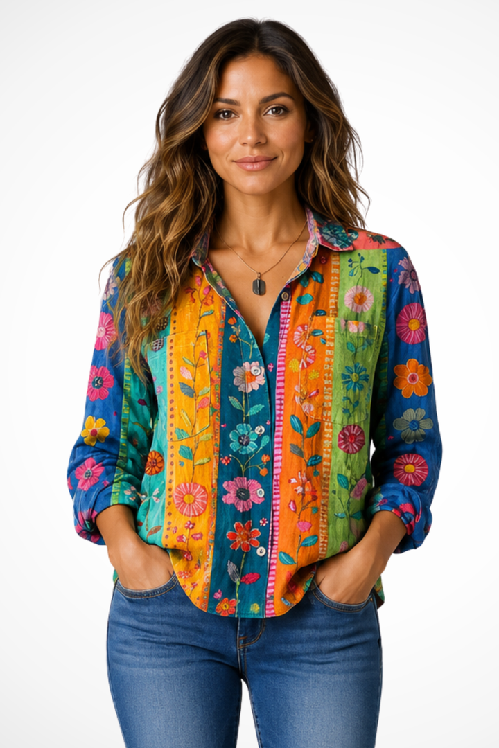 Belladonna — Lightweight Bohemian Print Blouse With Relaxed Roll-Up Sleeve Style