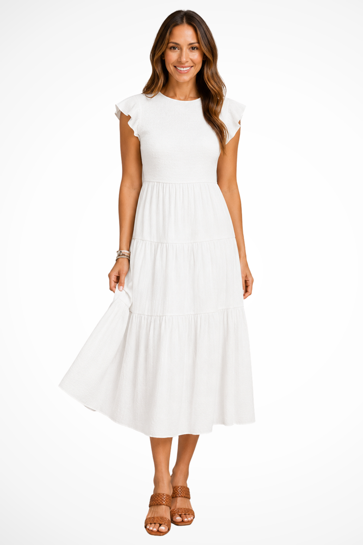 Marvelle — Lightweight Cotton Tiered Midi Dress With Flutter Sleeves And Shirred Waist