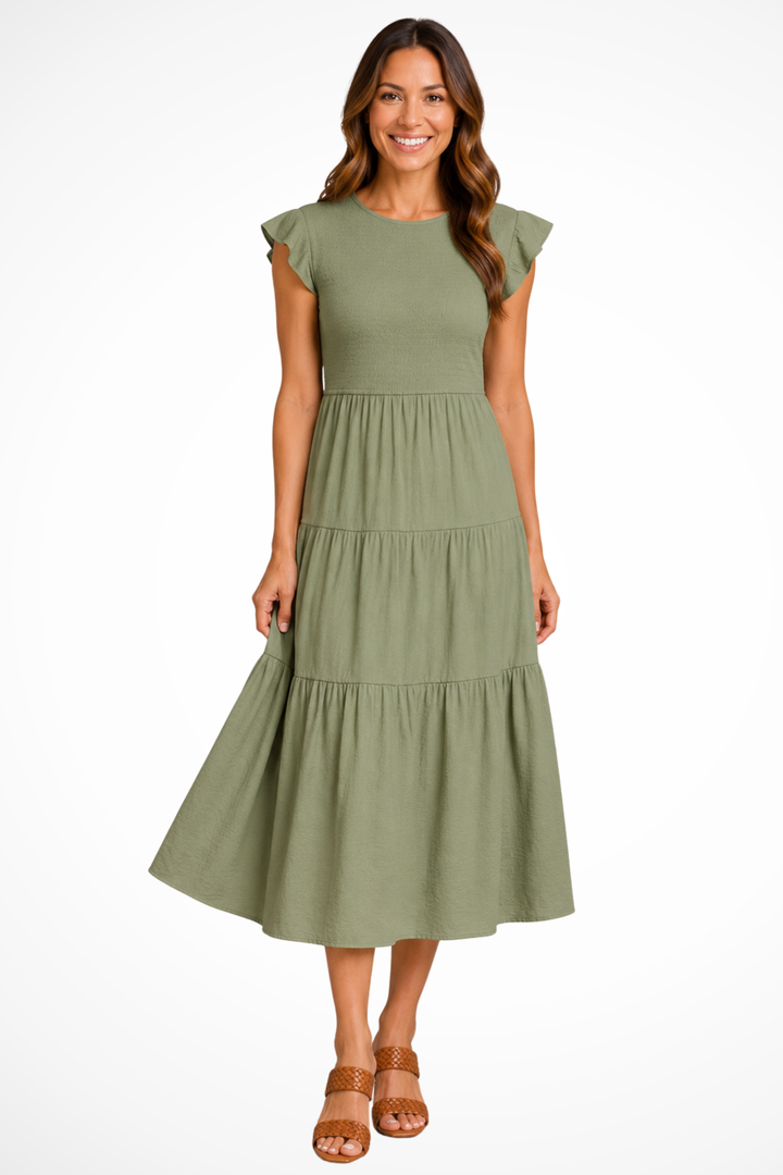 Marvelle — Lightweight Cotton Tiered Midi Dress With Flutter Sleeves And Shirred Waist