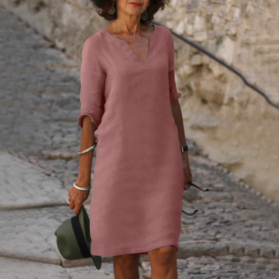 Camille — Comfortable V-Neck Midi Dress With Elegant 3/4 Sleeves