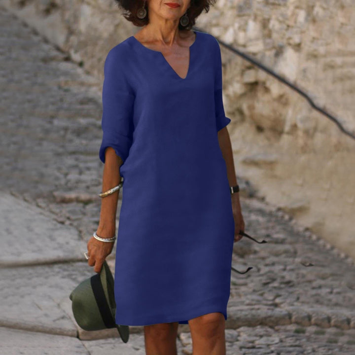 Camille — Comfortable V-Neck Midi Dress With Elegant 3/4 Sleeves
