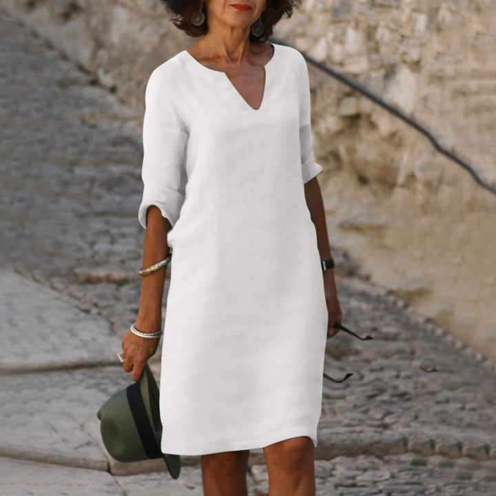 Camille — Comfortable V-Neck Midi Dress With Elegant 3/4 Sleeves