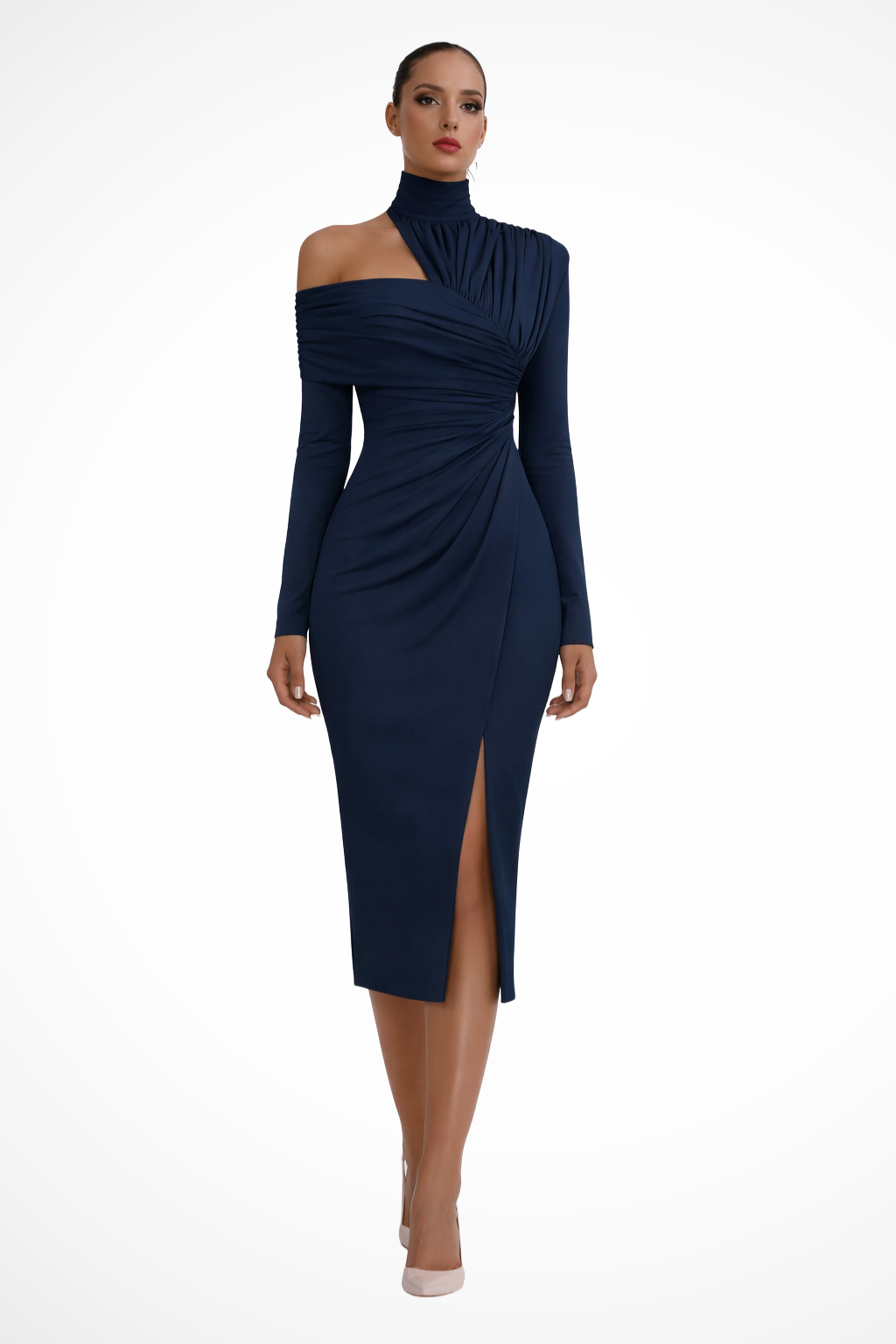 Asymmetricshoulder — Asymmetric One-Shoulder Midi Dress With Structured Draped Wedding Design