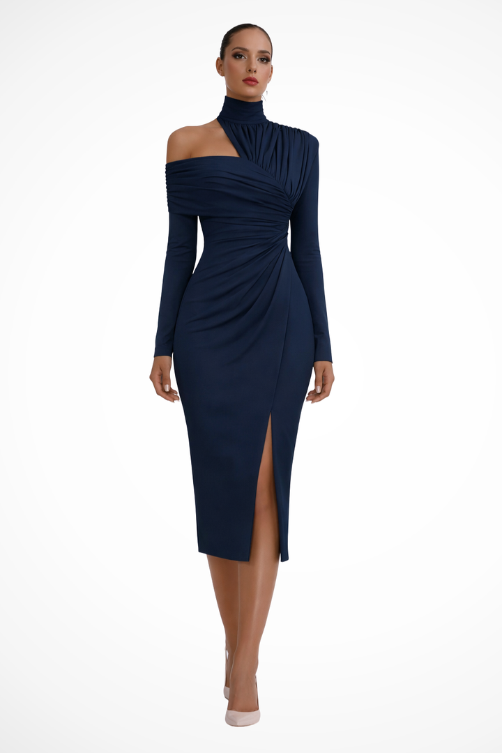 Asymmetricshoulder — Asymmetric One-Shoulder Midi Dress With Structured Draped Wedding Design