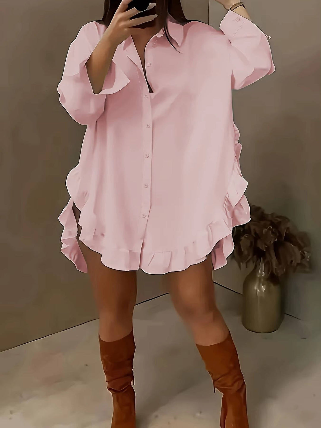 Marisia — Breathable Fabric Button Front Blouse With Relaxed Oversized Ruffle Summer Style
