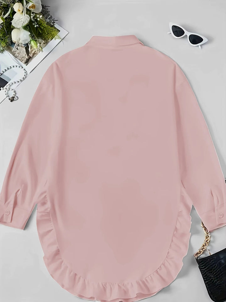 Marisia — Breathable Fabric Button Front Blouse With Relaxed Oversized Ruffle Summer Style