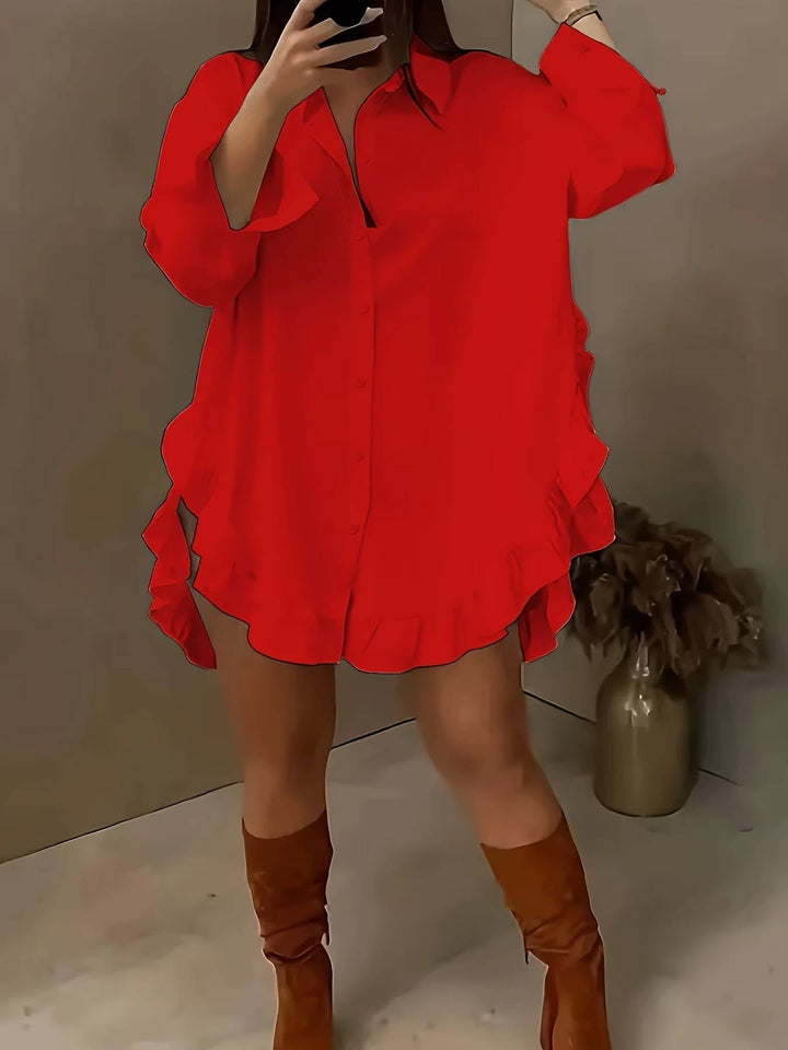 Marisia — Breathable Fabric Button Front Blouse With Relaxed Oversized Ruffle Summer Style