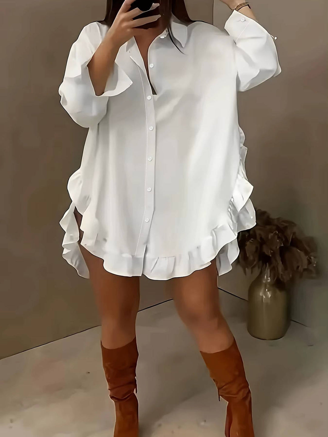 Marisia — Breathable Fabric Button Front Blouse With Relaxed Oversized Ruffle Summer Style