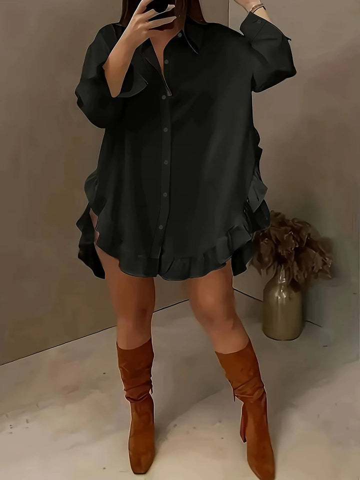 Marisia — Breathable Fabric Button Front Blouse With Relaxed Oversized Ruffle Summer Style