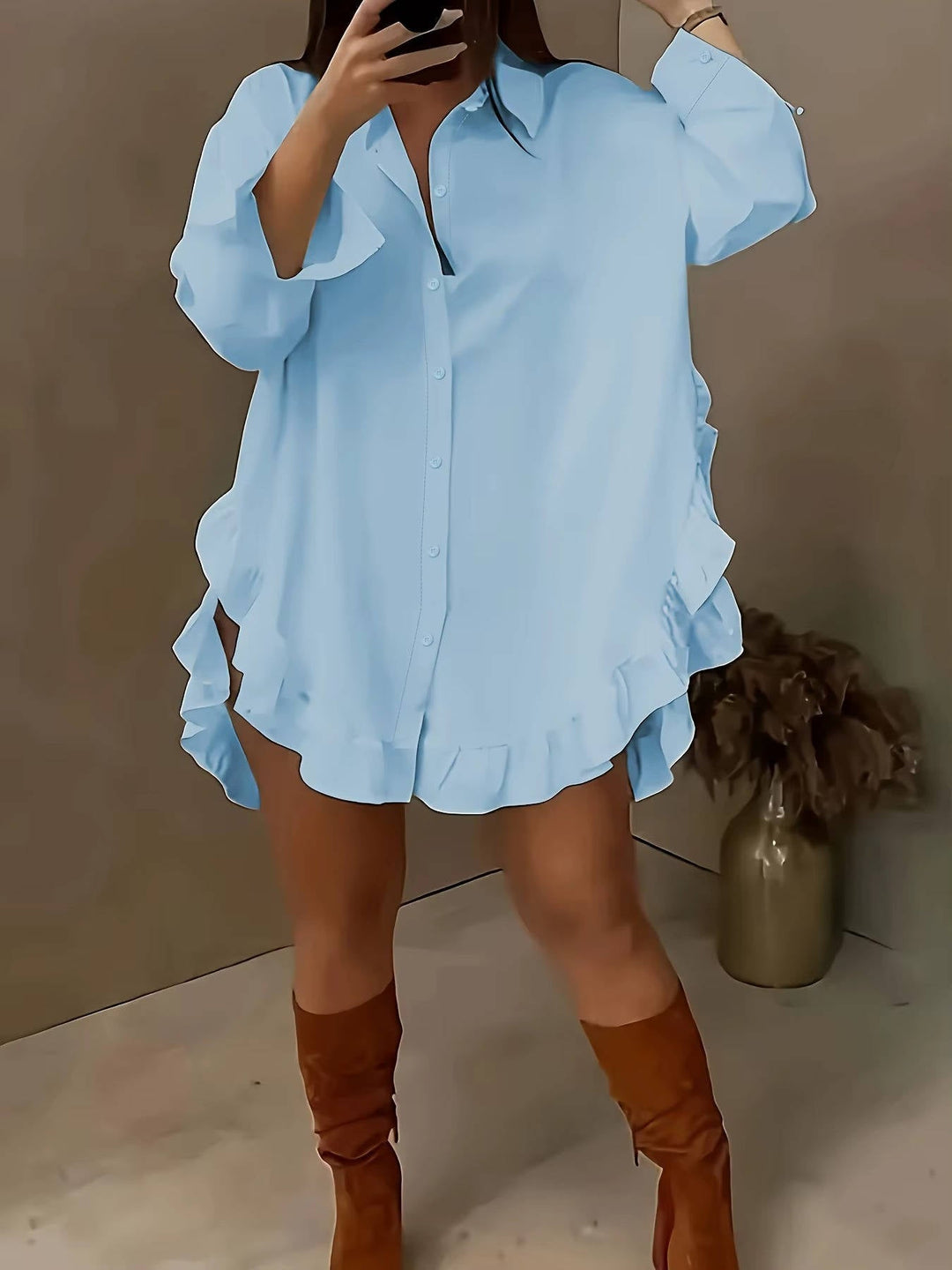 Marisia — Breathable Fabric Button Front Blouse With Relaxed Oversized Ruffle Summer Style