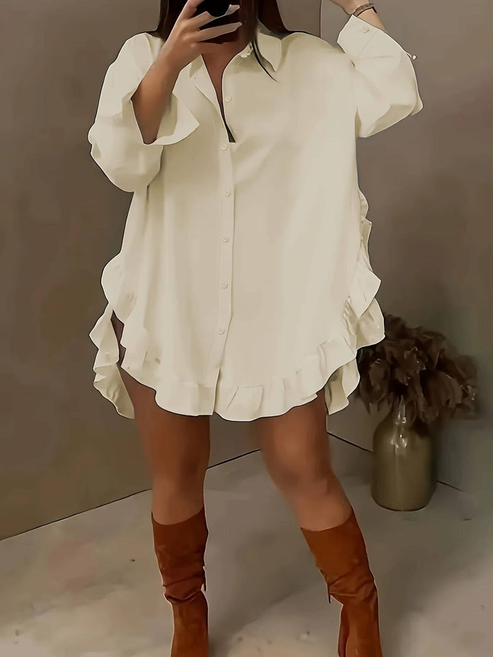 Marisia — Breathable Fabric Button Front Blouse With Relaxed Oversized Ruffle Summer Style