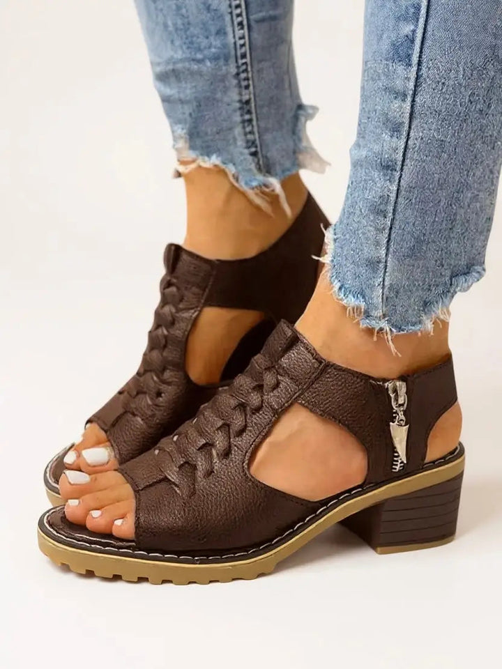 Breezy — Breathable Leather Block Heel Sandals With Elegant Cushioned Zip-Up Design