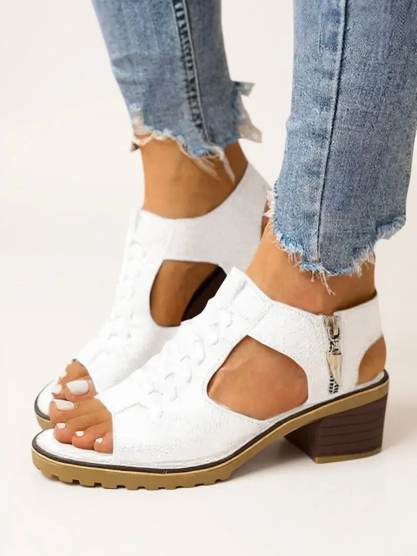 Breezy — Breathable Leather Block Heel Sandals With Elegant Cushioned Zip-Up Design