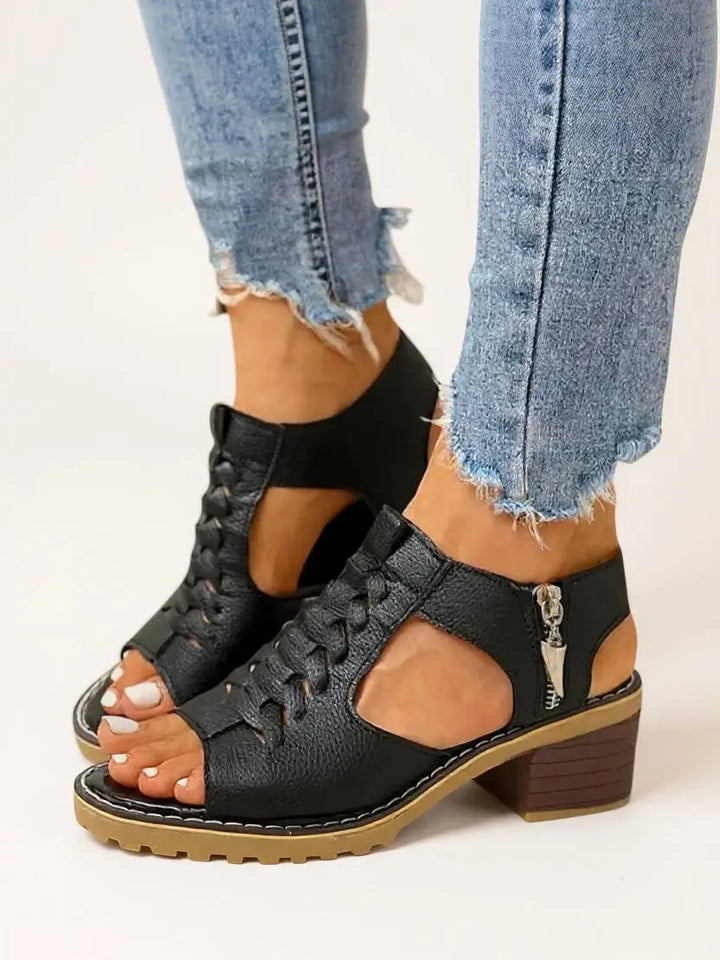 Breezy — Breathable Leather Block Heel Sandals With Elegant Cushioned Zip-Up Design
