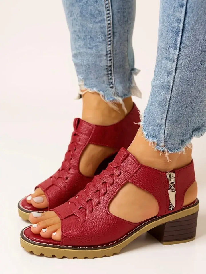 Breezy — Breathable Leather Block Heel Sandals With Elegant Cushioned Zip-Up Design
