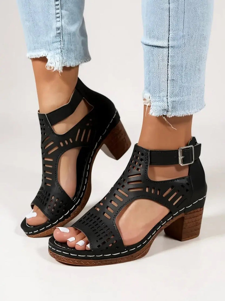 Cutaway — Breathable Leather Block Heel Sandals With Elegant Cutout Summer Design