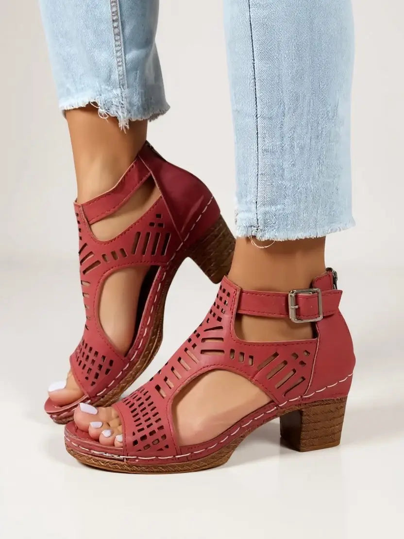 Cutaway — Breathable Leather Block Heel Sandals With Elegant Cutout Summer Design