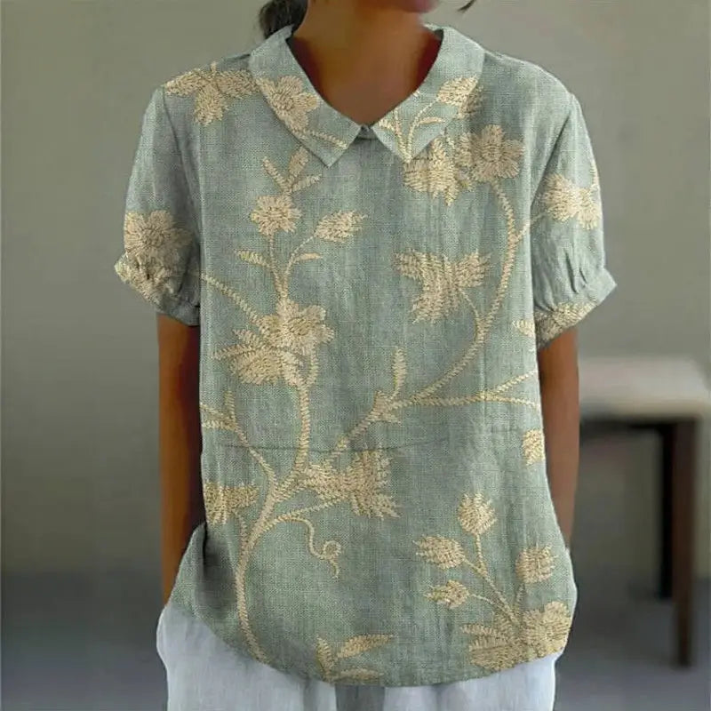 Florizel — Cotton-Polyester Blend Blouse With Stylish Floral Short Sleeve Summer Style