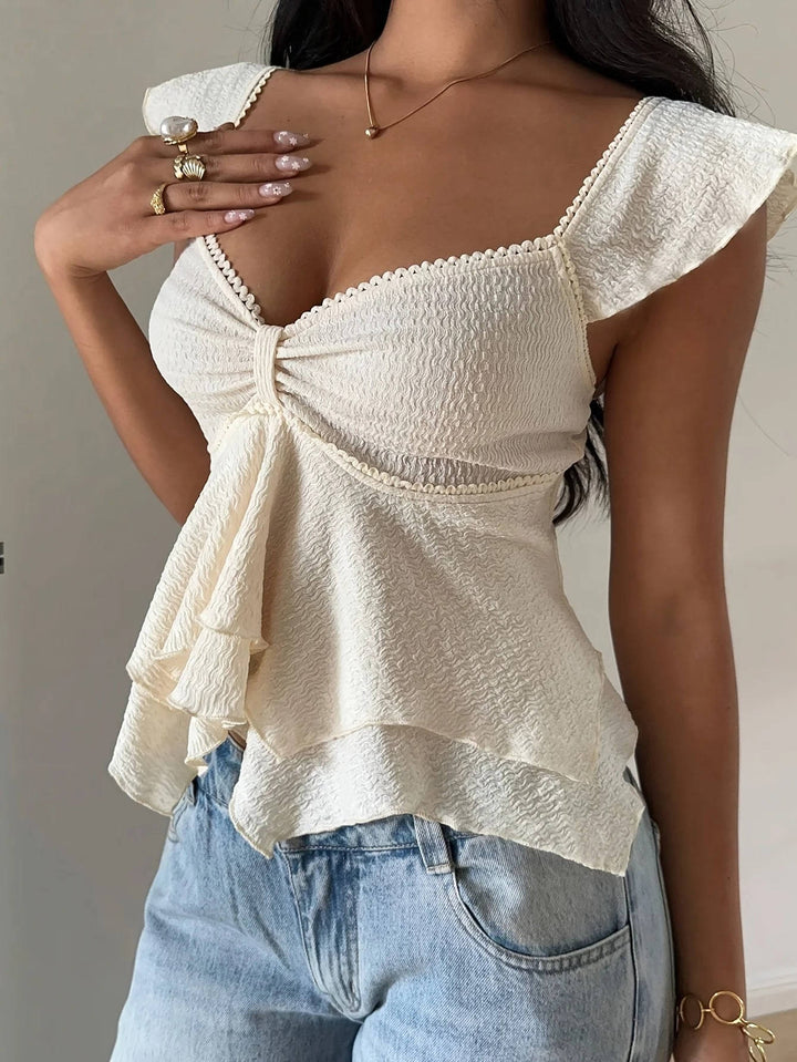 Marlowe — Cotton Blend Smocked Tank Top With Flutter Sleeve Sweetheart Going Out Style