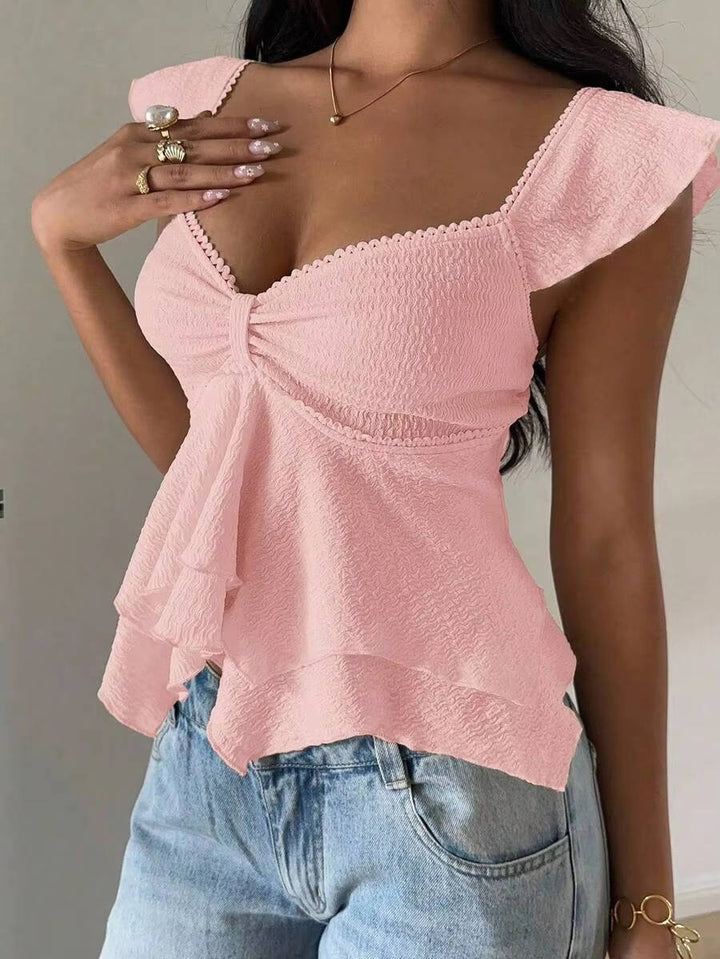 Marlowe — Cotton Blend Smocked Tank Top With Flutter Sleeve Sweetheart Going Out Style