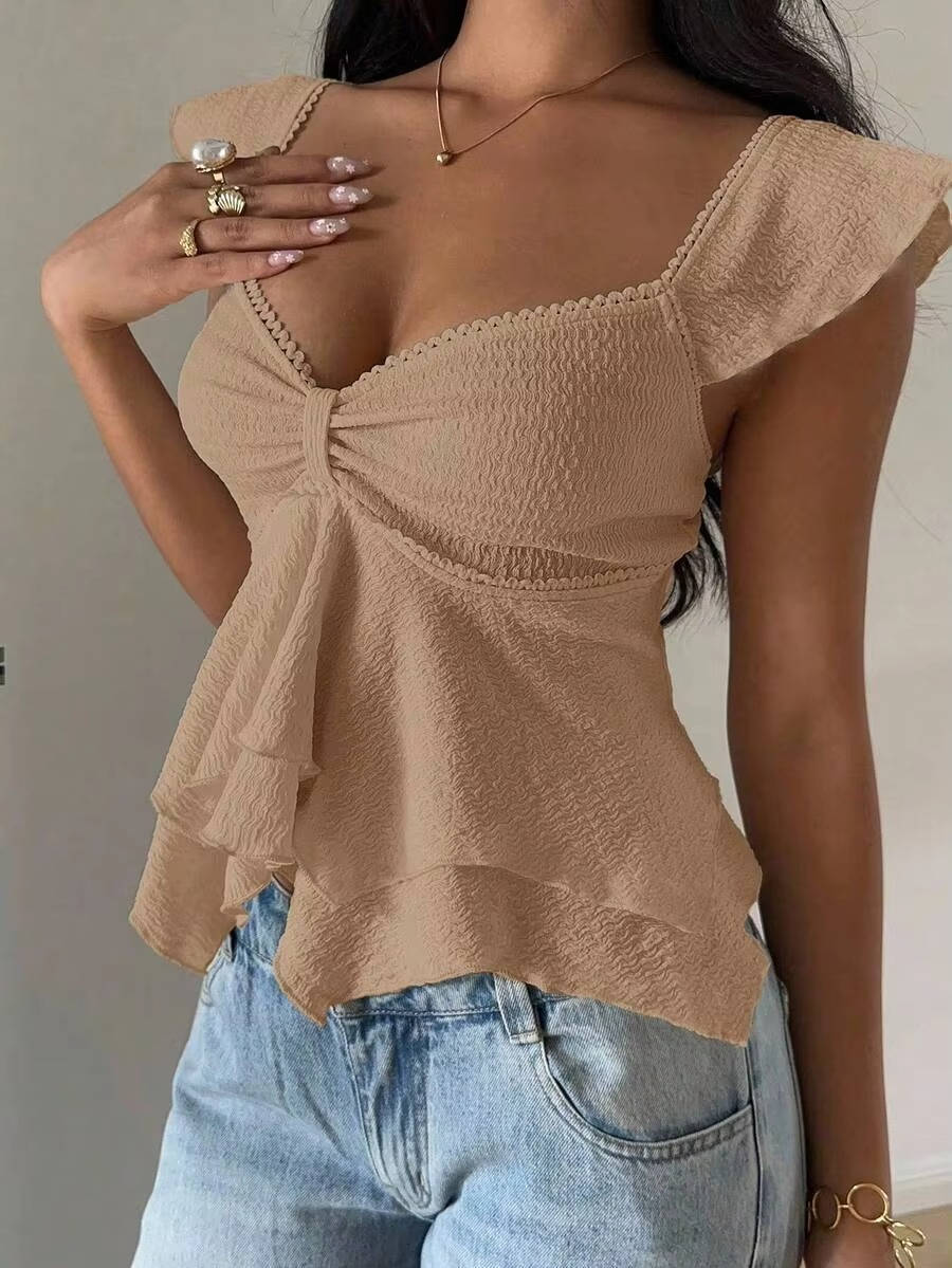 Marlowe — Cotton Blend Smocked Tank Top With Flutter Sleeve Sweetheart Going Out Style