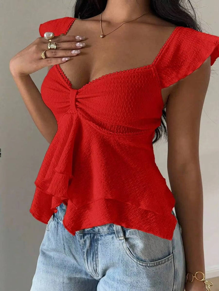 Marlowe — Cotton Blend Smocked Tank Top With Flutter Sleeve Sweetheart Going Out Style