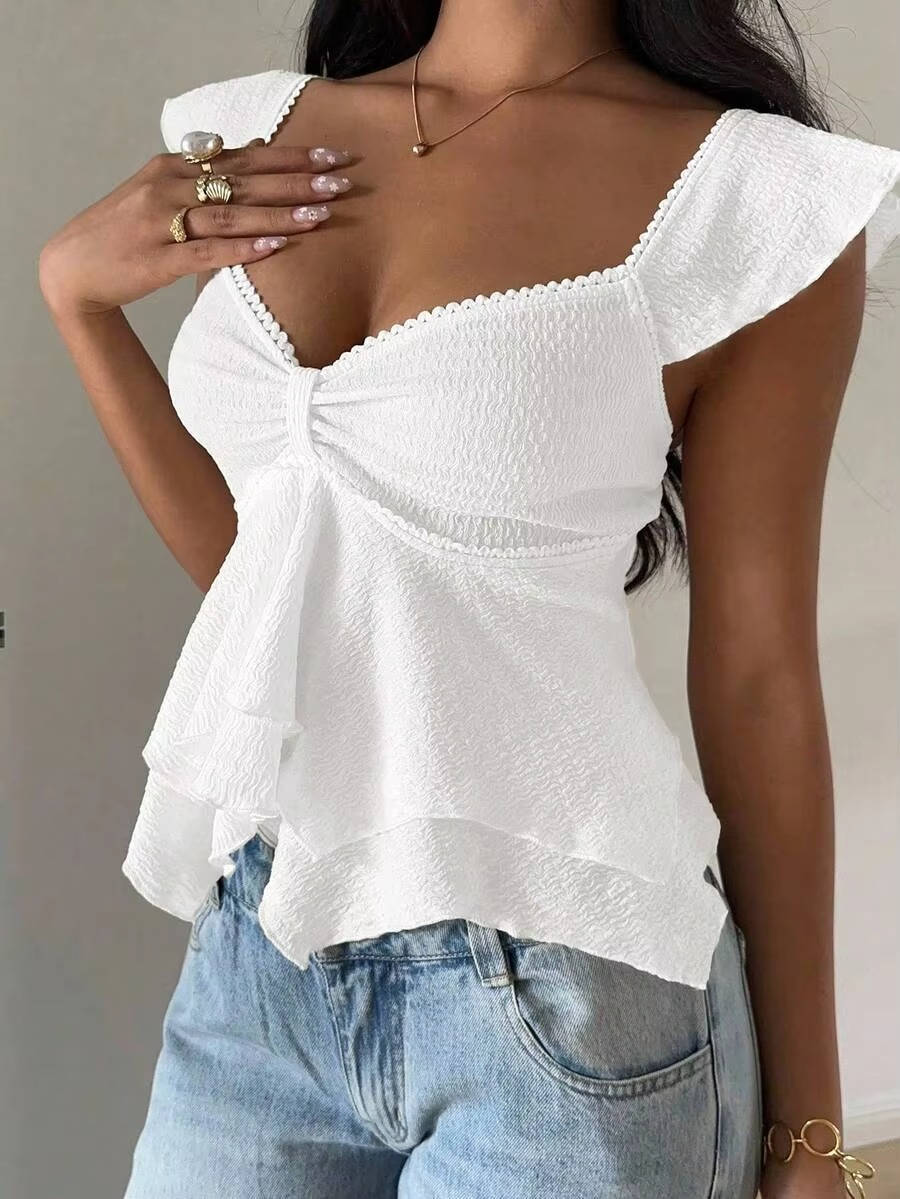 Marlowe — Cotton Blend Smocked Tank Top With Flutter Sleeve Sweetheart Going Out Style
