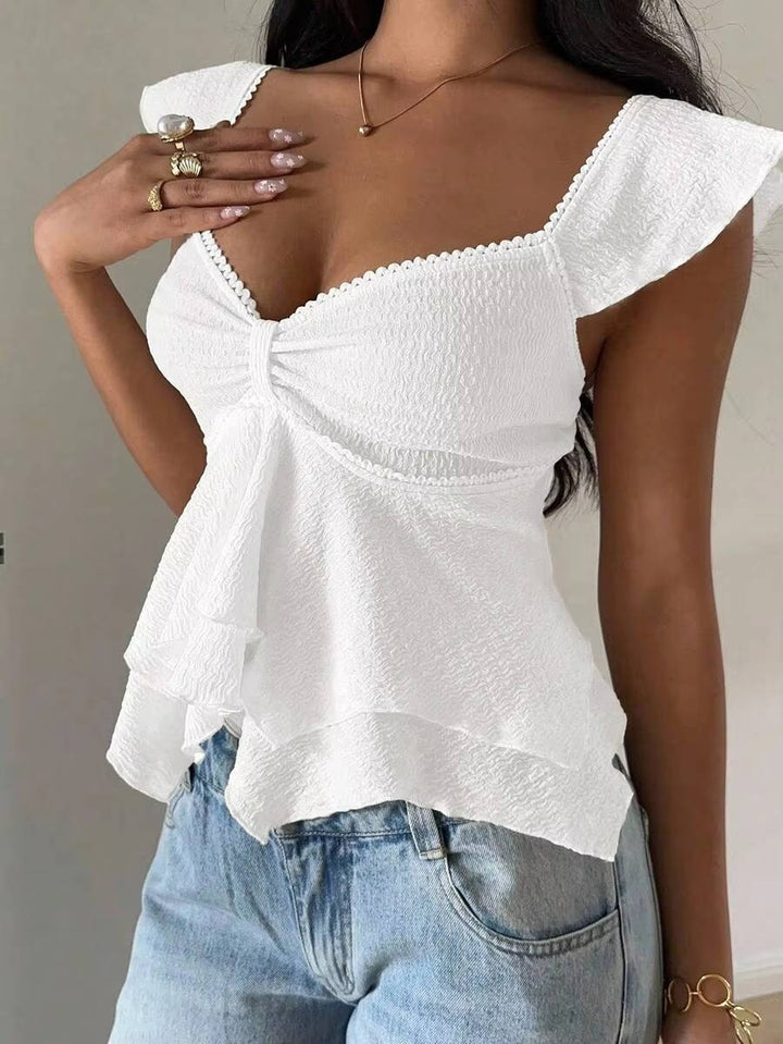 Marlowe — Cotton Blend Smocked Tank Top With Flutter Sleeve Sweetheart Going Out Style