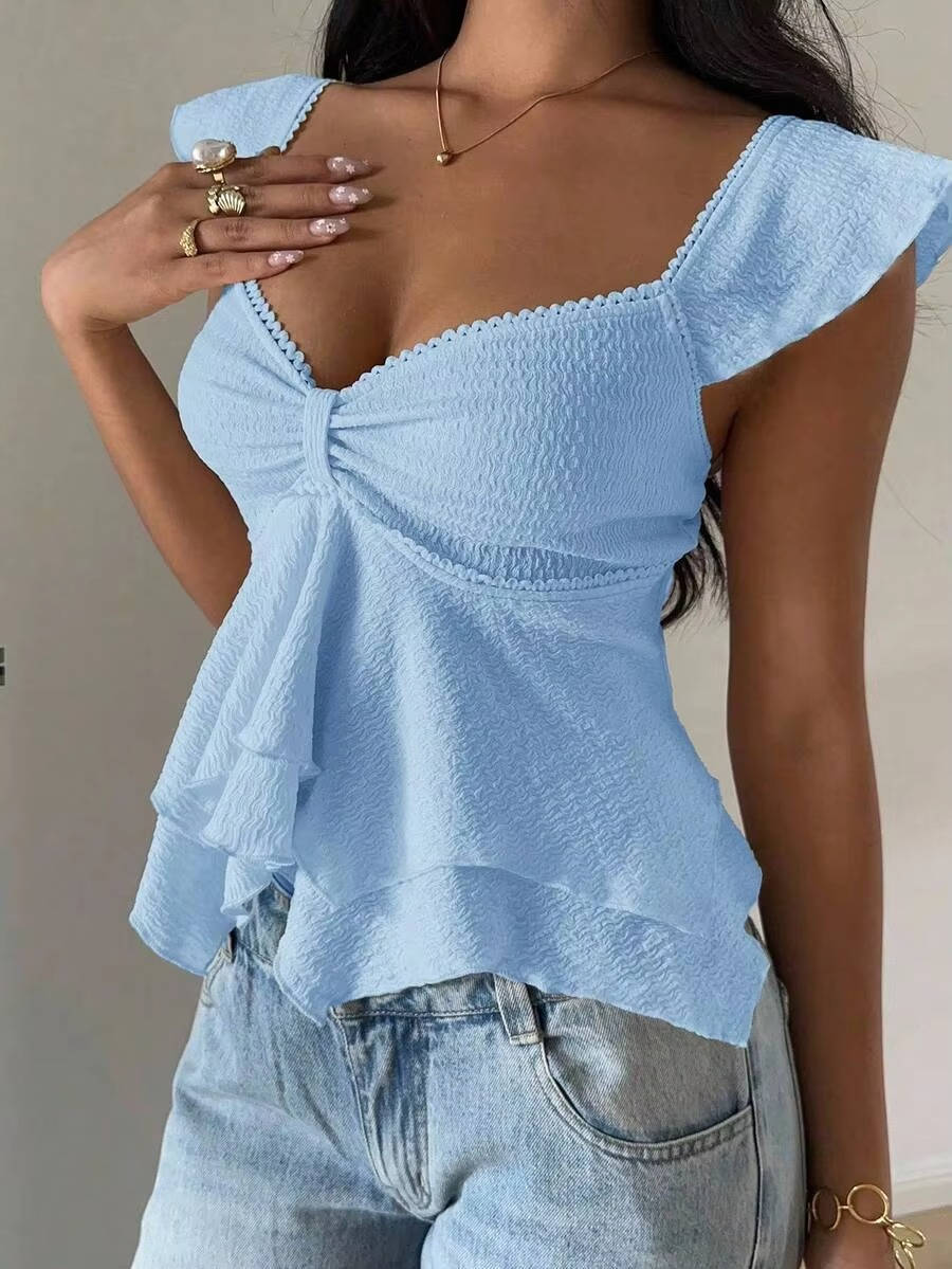 Marlowe — Cotton Blend Smocked Tank Top With Flutter Sleeve Sweetheart Going Out Style