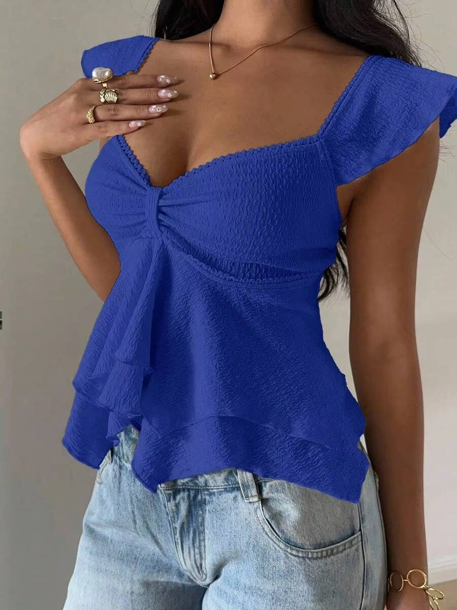 Marlowe — Cotton Blend Smocked Tank Top With Flutter Sleeve Sweetheart Going Out Style