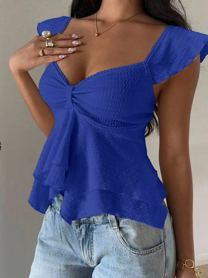 Marlowe — Cotton Blend Smocked Tank Top With Flutter Sleeve Sweetheart Going Out Style