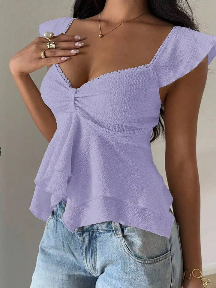 Marlowe — Cotton Blend Smocked Tank Top With Flutter Sleeve Sweetheart Going Out Style