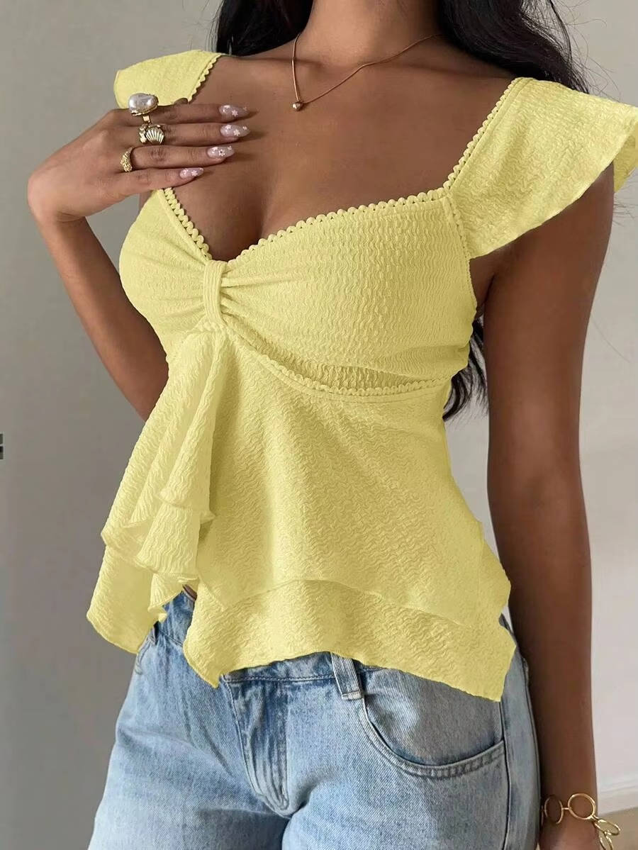 Marlowe — Cotton Blend Smocked Tank Top With Flutter Sleeve Sweetheart Going Out Style