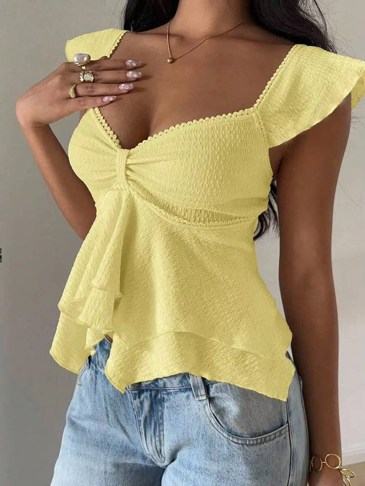 Marlowe — Cotton Blend Smocked Tank Top With Flutter Sleeve Sweetheart Going Out Style