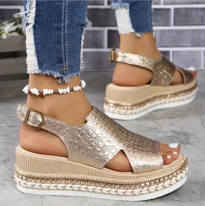 Crocgloss — Crocodile Embossed Sandals With Glossy Wedge Elegant Comfort Design