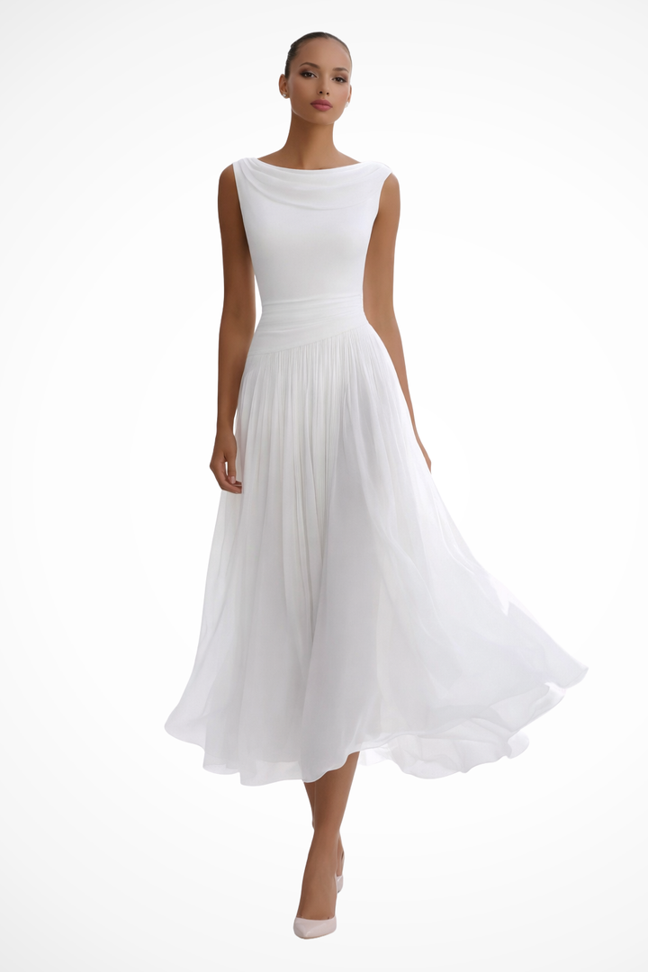 Fittedpleated — Draped Fabric Midi Dress With Fitted Pleated Wedding Guest Design