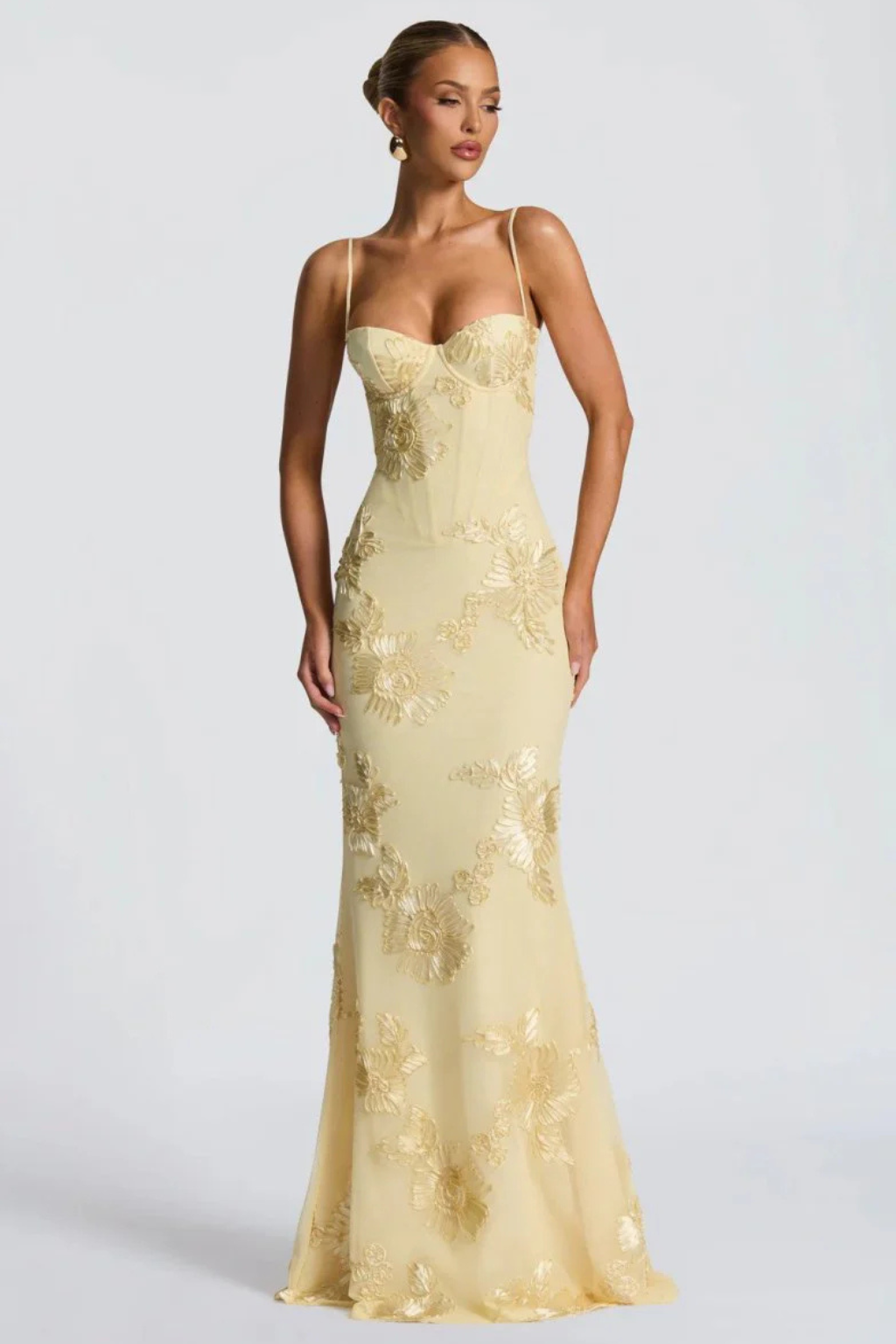 Embroideredcorset — Floral Embroidered Maxi Dress With Structured Corset Cami Gown Design