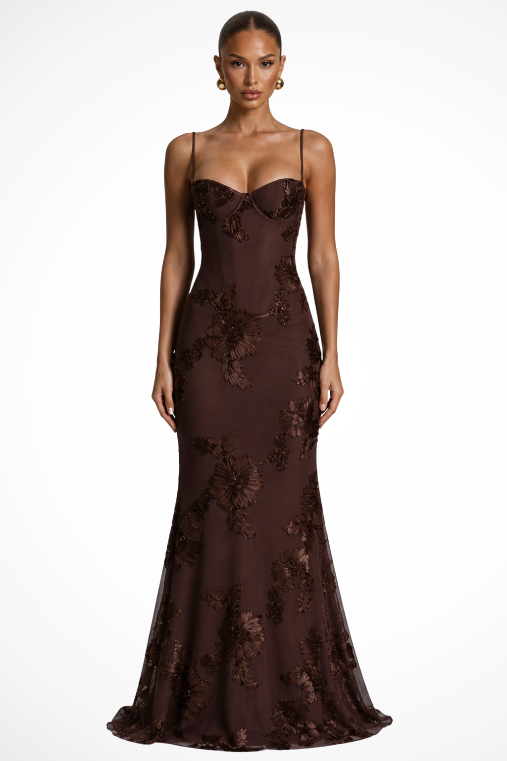 Embroideredcorset — Floral Embroidered Maxi Dress With Structured Corset Cami Gown Design