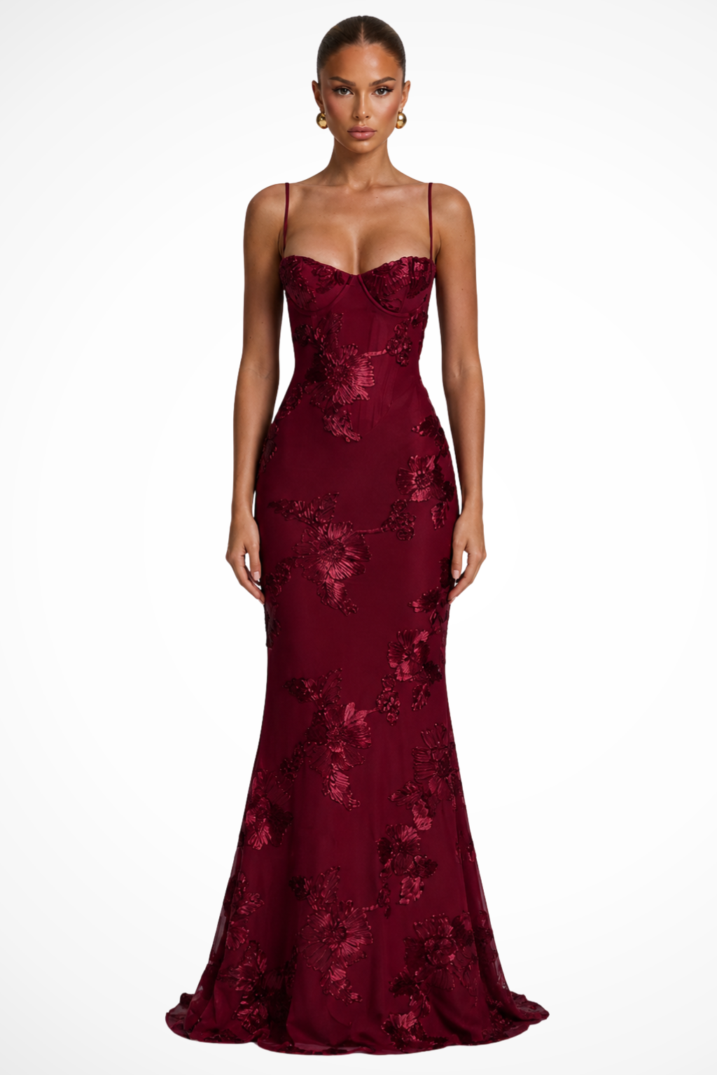Embroideredcorset — Floral Embroidered Maxi Dress With Structured Corset Cami Gown Design