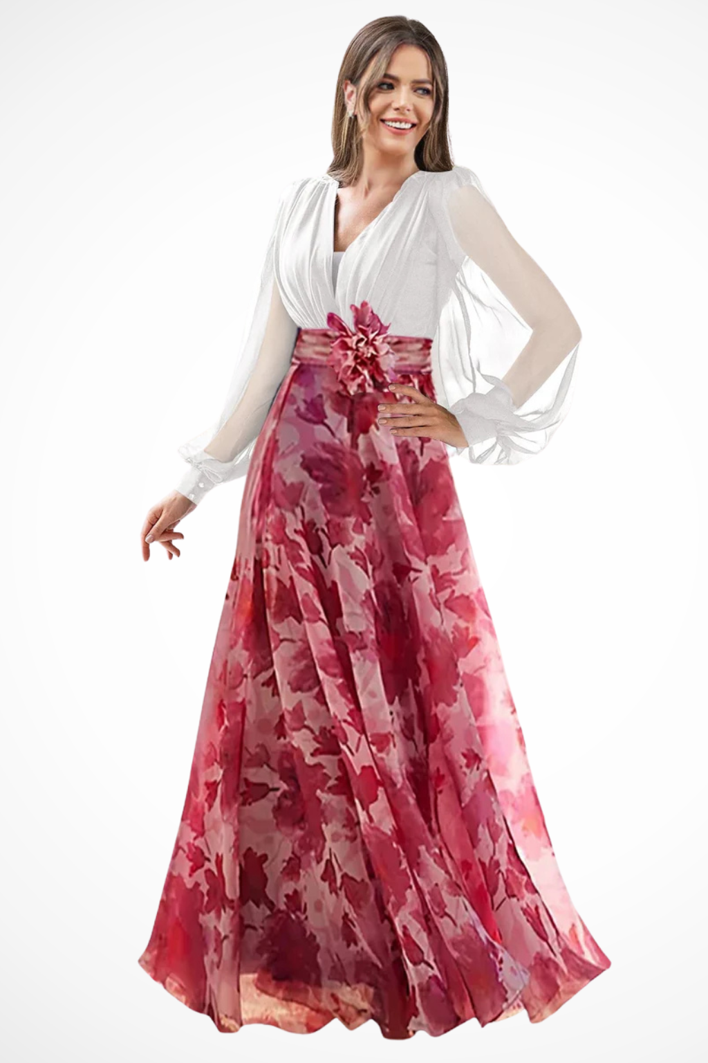 Balloonsleeve — Floral Print Maxi Dress With V-Neck Balloon Sleeve Evening Gown Design