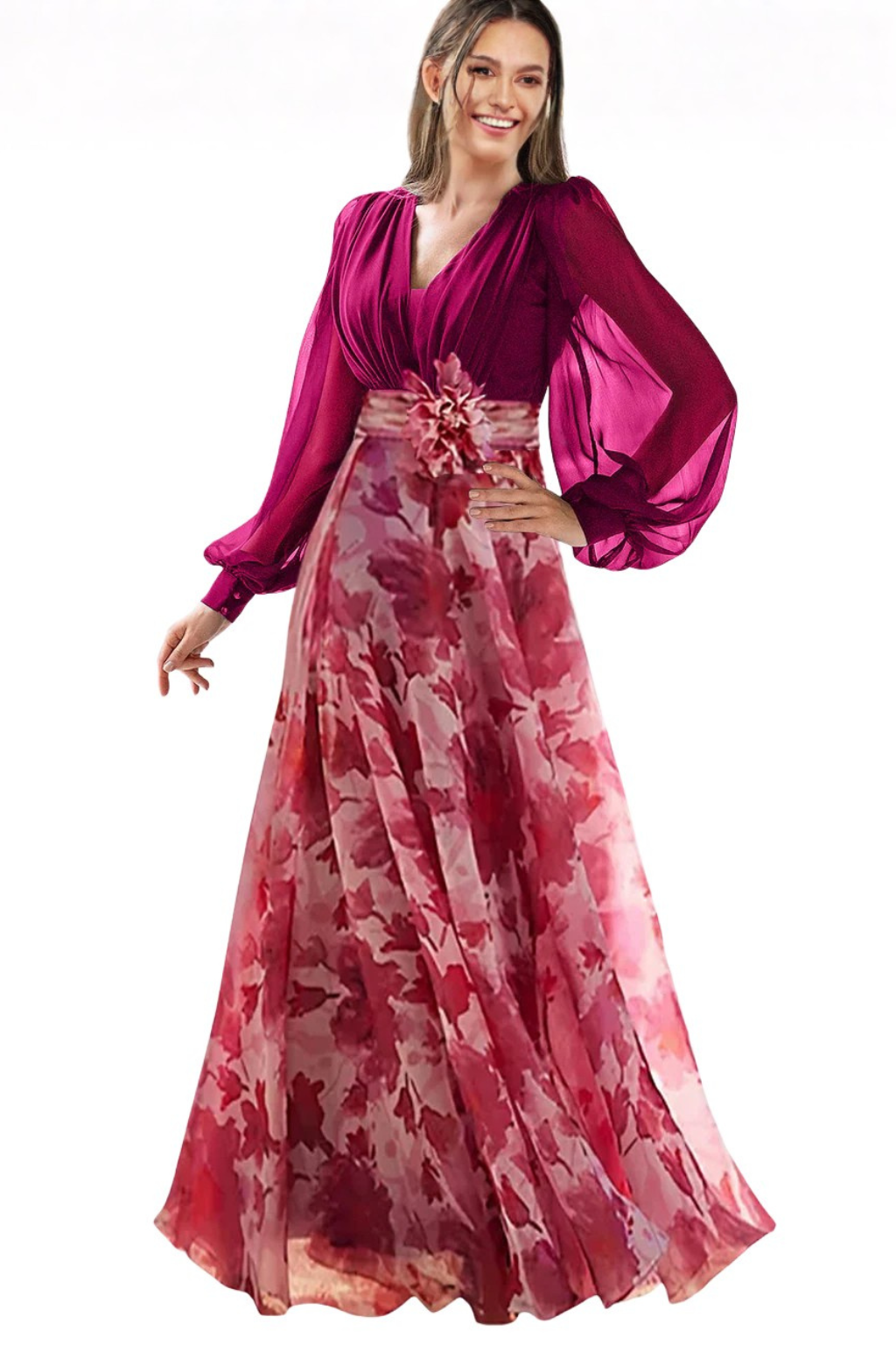 Balloonsleeve — Floral Print Maxi Dress With V-Neck Balloon Sleeve Evening Gown Design