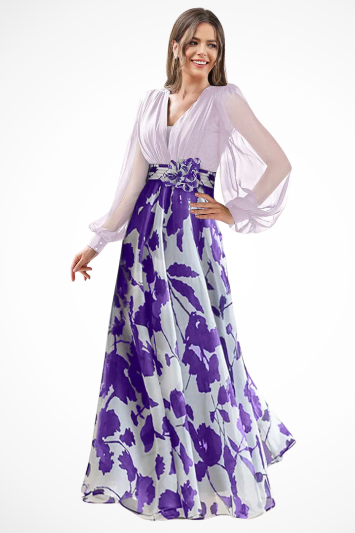 Balloonsleeve — Floral Print Maxi Dress With V-Neck Balloon Sleeve Evening Gown Design