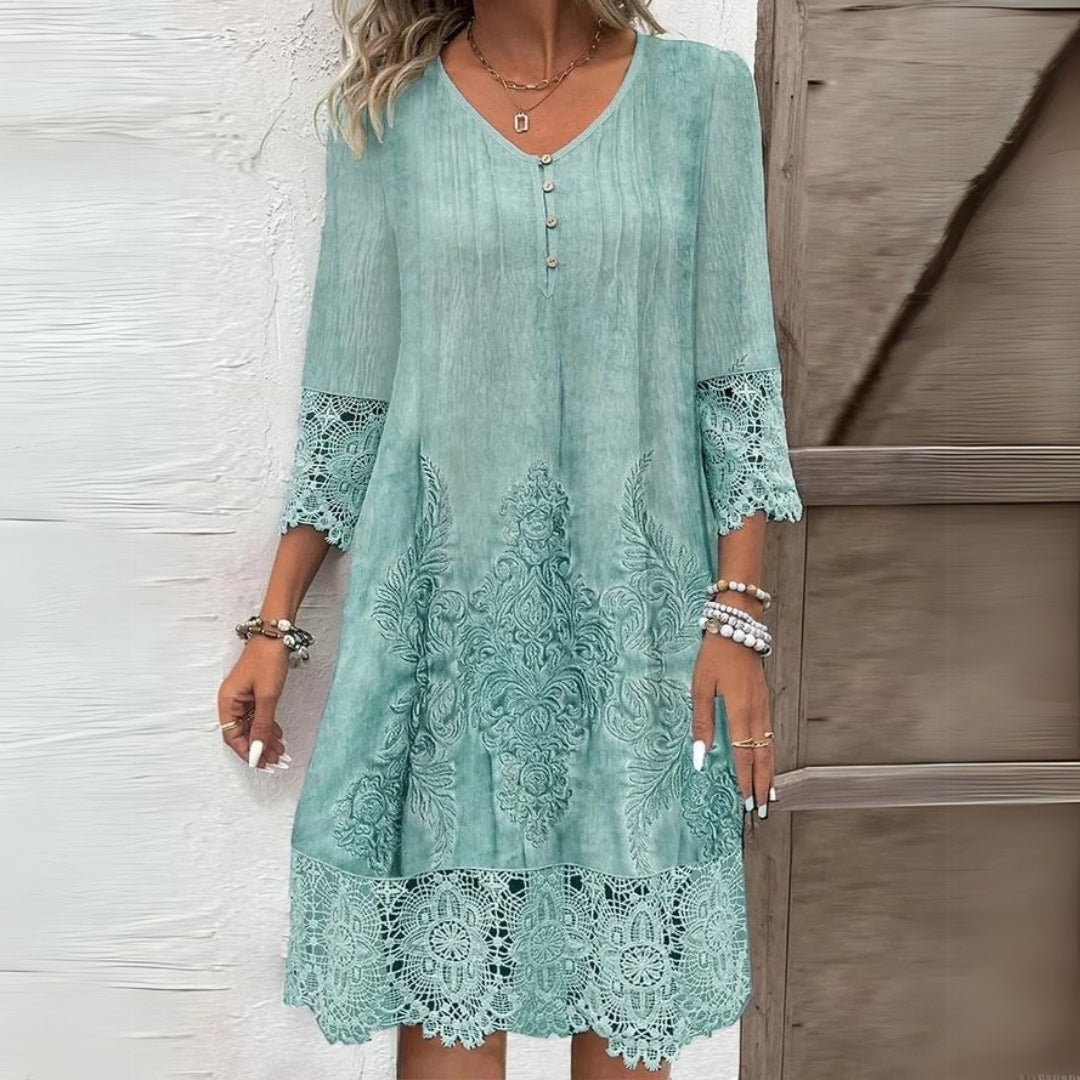 Marisol — Floral Print Midi Dress With Elegant Structured Embroidered Accents