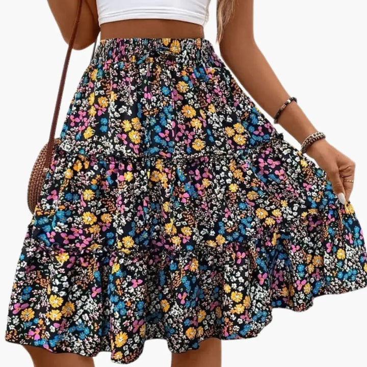 Camellia — Floral Print Midi Skirt With Relaxed Flared Ruffled Hem For Summer